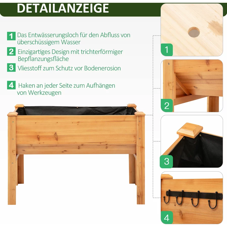 Outsunny Hochbeet mit Vliesstoffverkleidung und 4 Haken natur
