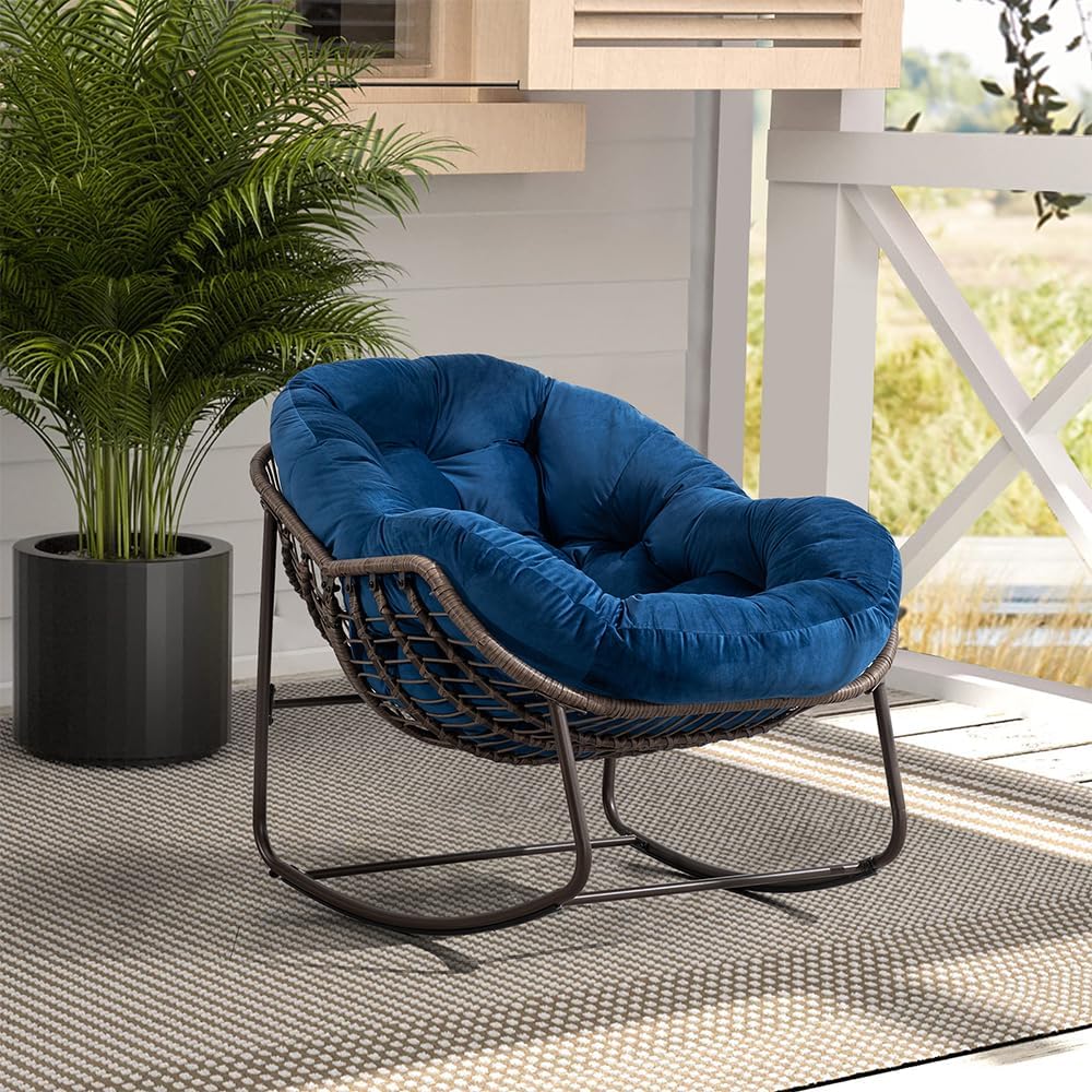Schaukelstühle 1PCS – Moderner Außengarten-Rocker mit Dicker Polsterung, Oversized Rattan Ei-Schaukelstuhl für Balkon, Terrasse, Garten, Innen & Außenbereich, Tiefblau