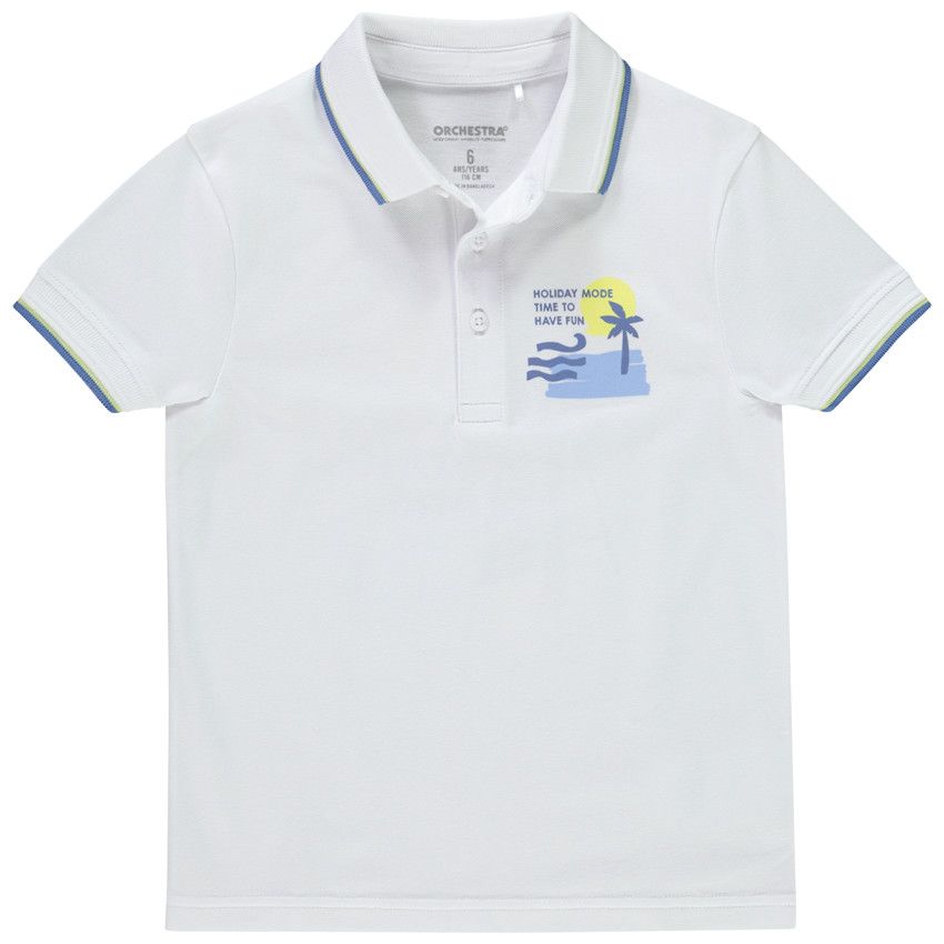 Polo manches courtes prints île de Mykonos pour garçon - Blanc