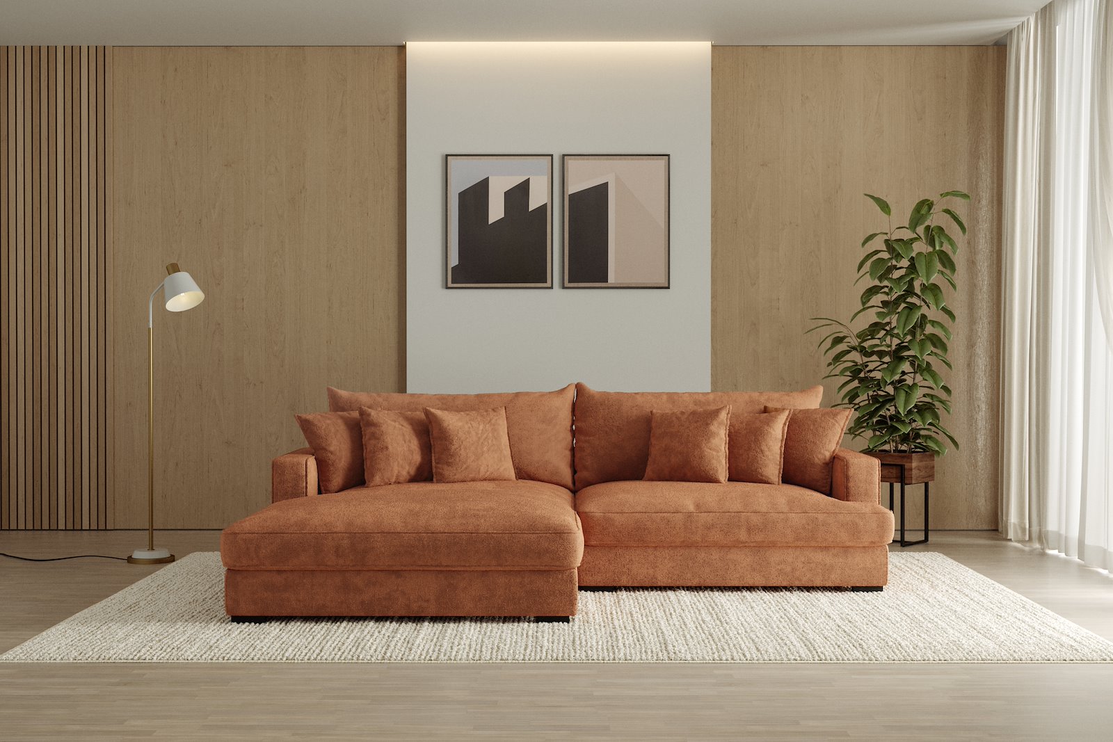 Rossi Lux 2-seter med XL sjeselong venstre Tekstil Genesis 9 Deep Terra, arm A med sorte ben. Lux Komfort.