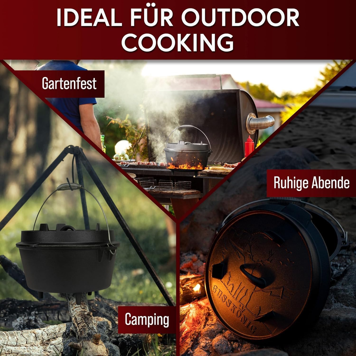Dutch Oven Set 4,5 Liter [für 2–4 Person] – Eingebrannter Feuertopf mit Füße, inkl. praktischem Deckelheber, Ringreiniger, Pflegepaste, Bürste & Rezeptbuch – 30 Jahre Garantie