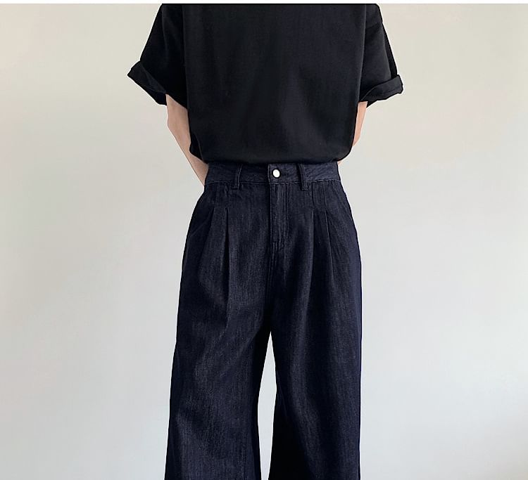 Omozando - Hoge taille effen geplooide wijde jeans