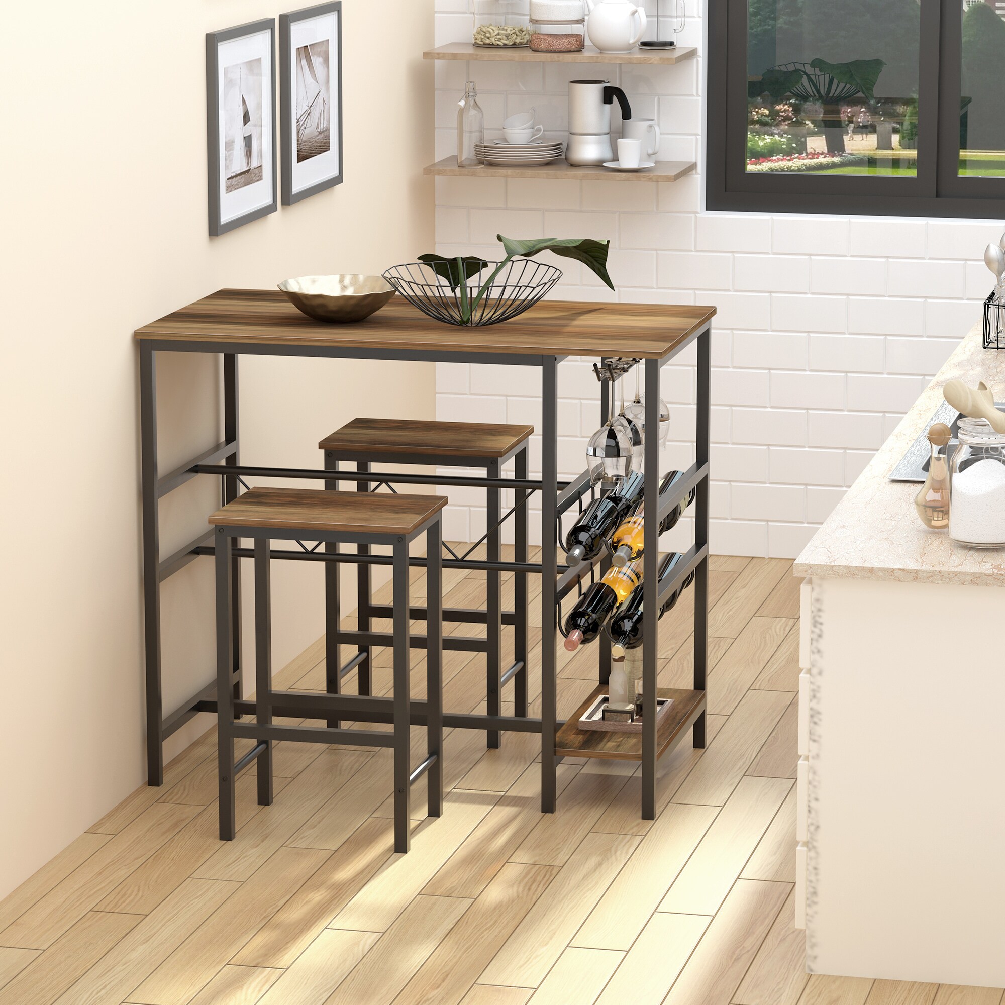 HOMCOM Bartisch-Set mit 2 Barhockern natur, schwarz