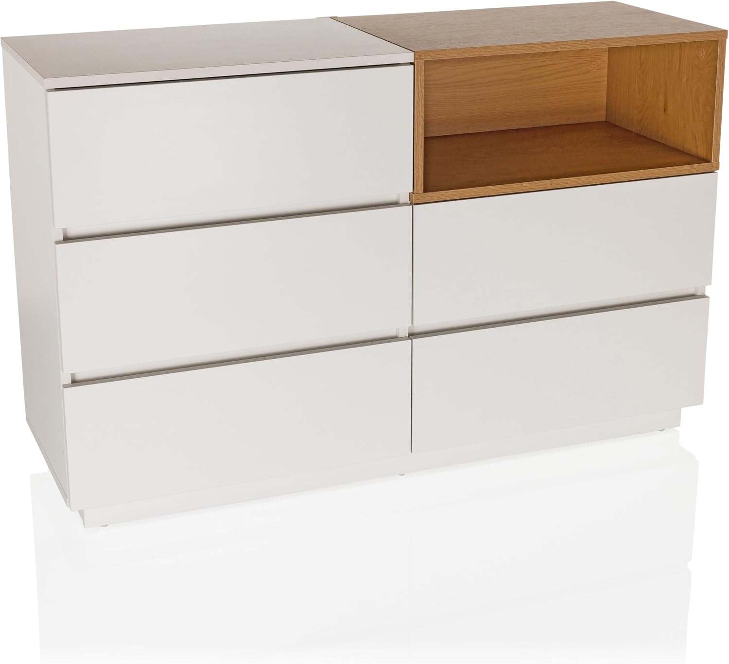 Sideboard mit 5 Schubladen 120x40x76 cm MELMO S Schubladenkommode im skandinavischen Stil, griffloses Design, Weiß/Eiche