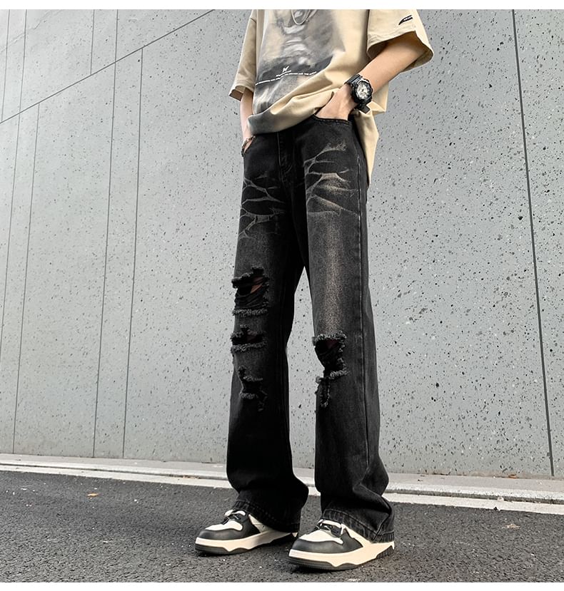 emeisa - Mid Rise Distressed Washed Bootcut Jeans