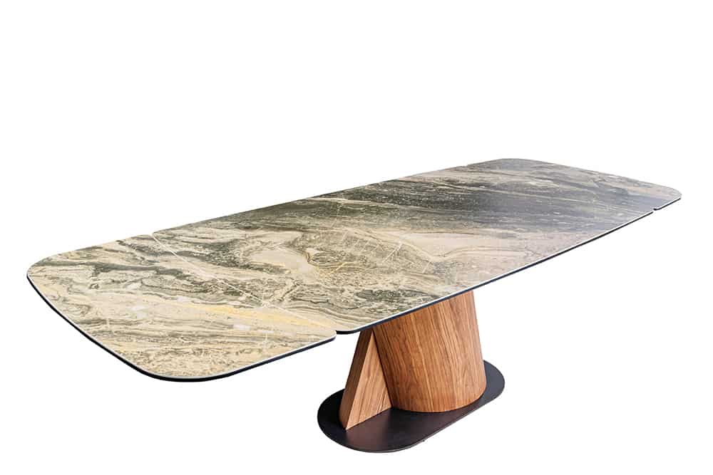 Ausziehbarer Esstisch ELEMENTS 180-260cm taupe beige spanischer Keramik Walnuss Gestell