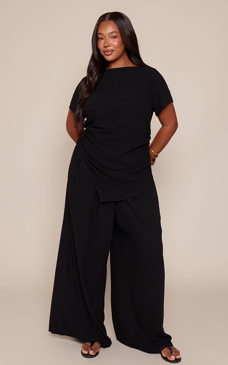 Noir Pantalon Large Droit En Tissu Texturé Grande Taille Ensemble Coordonné