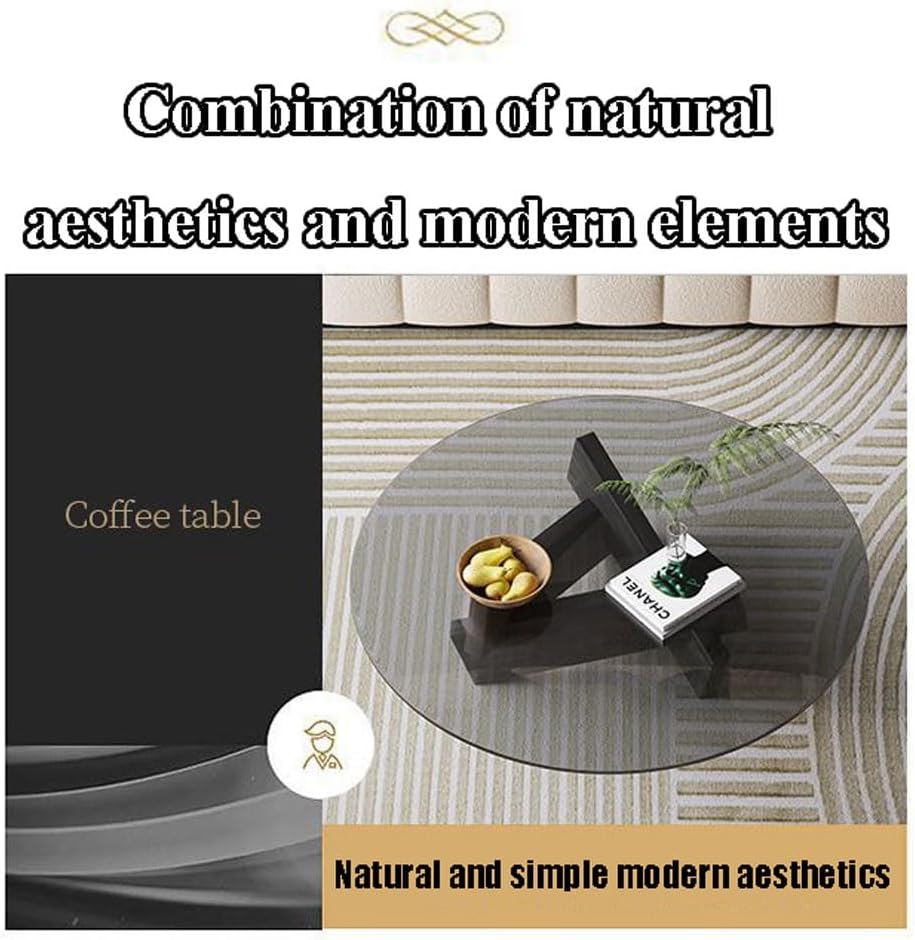 Couchtisch Runder Couchtisch aus Glas Wohnzimmer-Beistelltische mit abstraktem Massivholzgestell Moderner runder Cocktailtisch mit gehärteter Glasplatte(Schwarz,80 * 80 * 41cm/31.50x31.50x16.14)