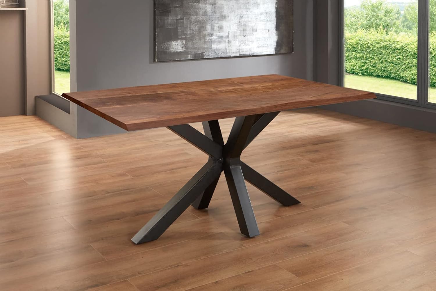 SAM Baumkantentisch 160 x 85 cm Spyro, Akazienholz nussbaumfarben & massiv, Esszimmertisch mit mattschwarzem Spider-Metallgestell, Platte 26 mm