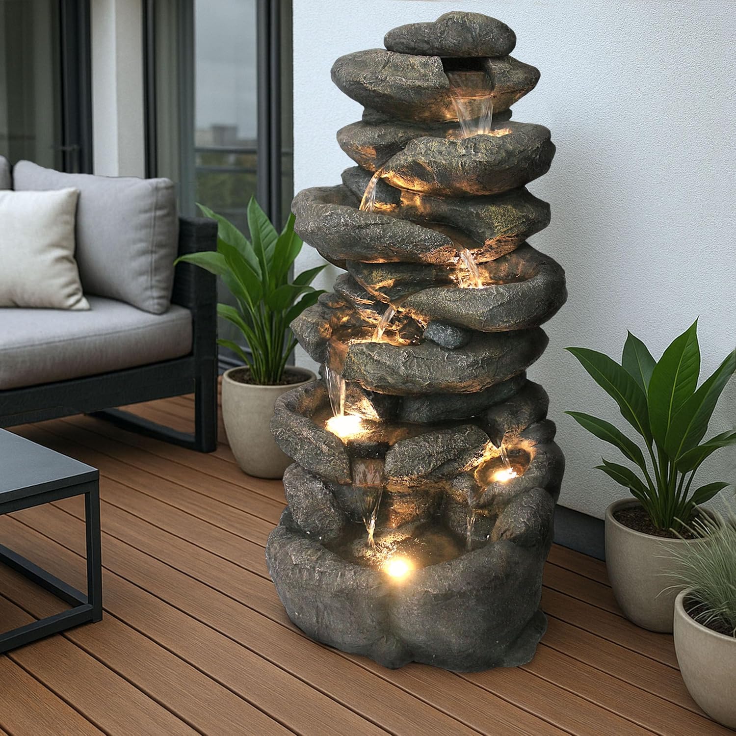Großer Gartenbrunnen BK902 mit LED Beleuchtung Felsen Wasserfall Springbrunnen große Gartendeko Steinoptik 100 cm