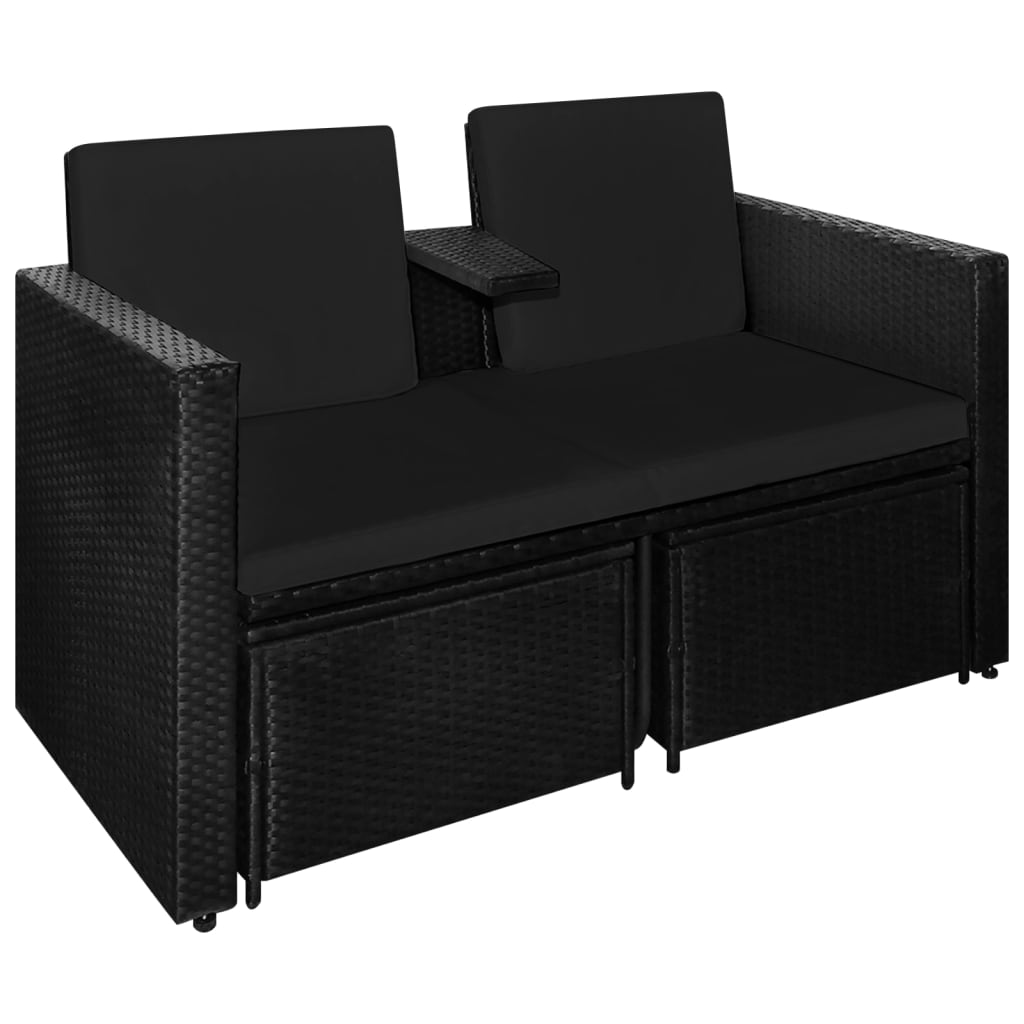 Salon de jardin meuble d'extérieur ensemble de mobilier 3 pièces avec coussins résine tressée noir