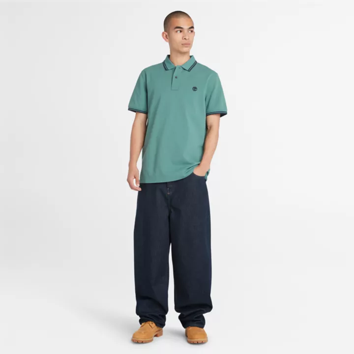 Polo à liseré en piqué pour homme en bleu sarcelle