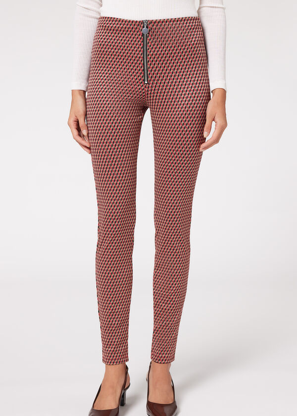 Calça legging skinny de malha elástica com zíper.
