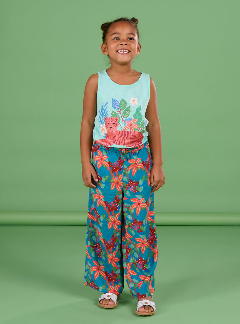 Pantalon fluide turquoise foncé à imprimé fleurs