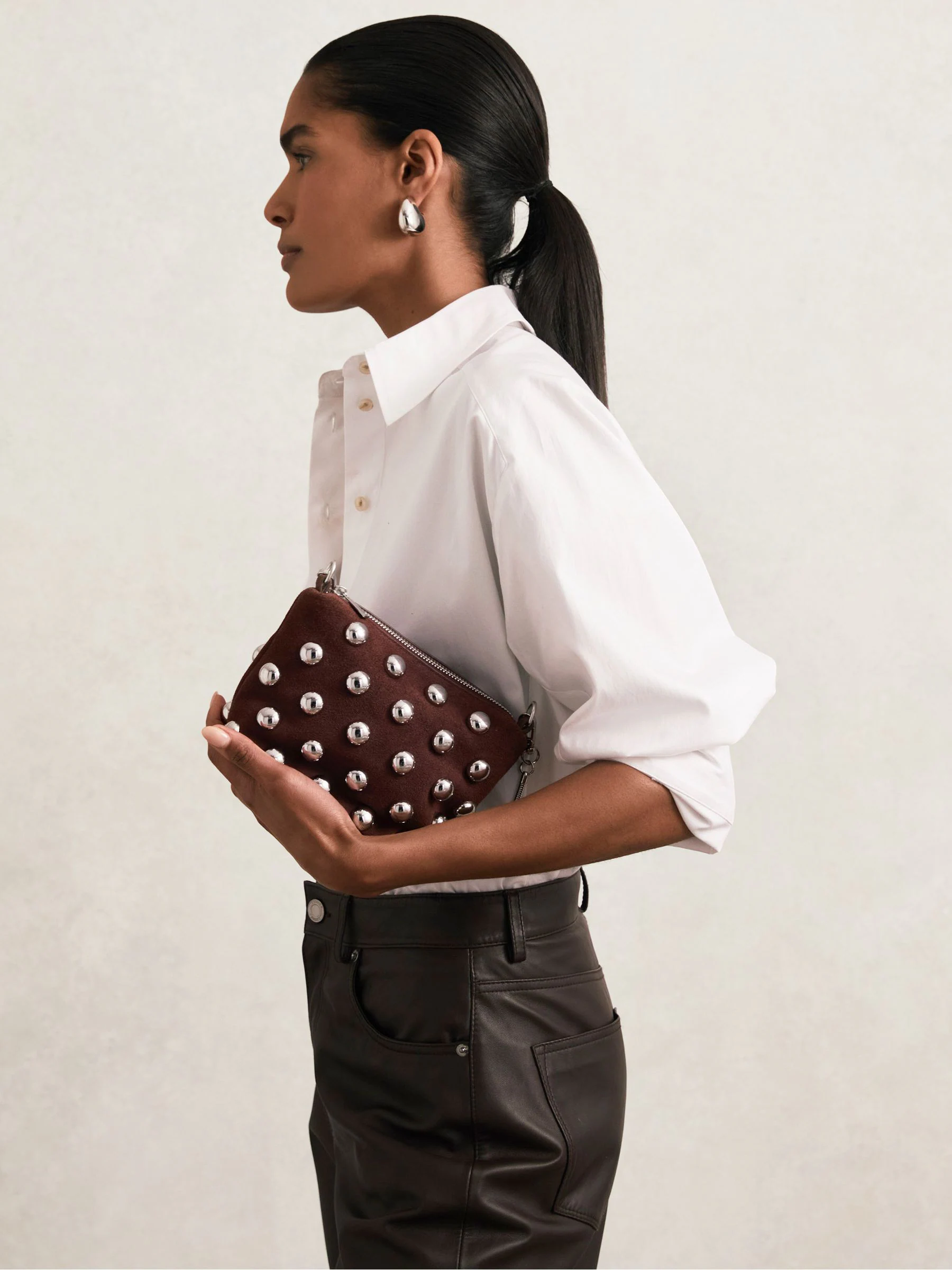 Reiss Leandra Suede Studded Shoulder Bag
