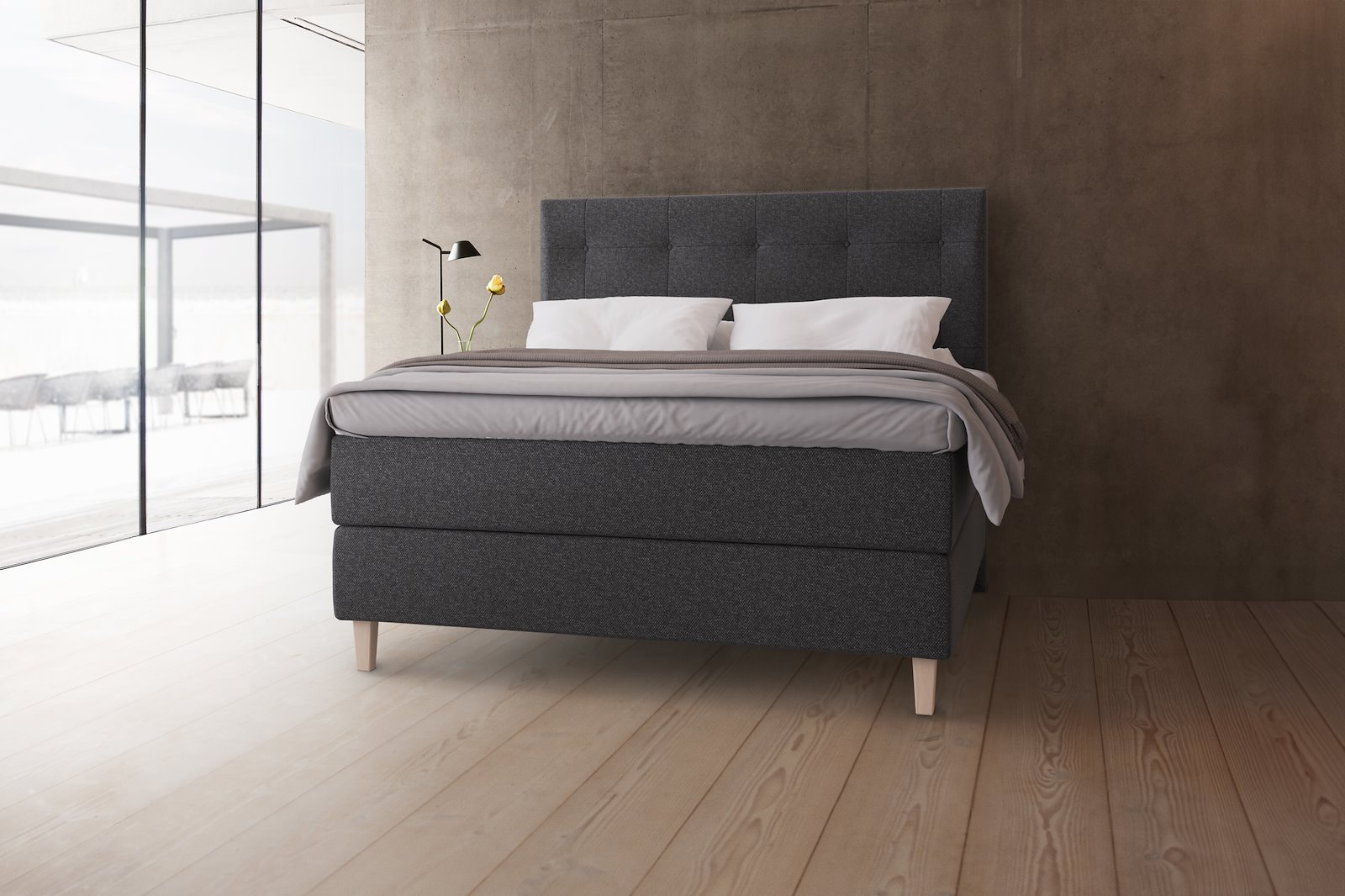 Carat jubileum Exact kontinentalseng 150x200 cm Tekstil 394 Antrasitt, fast/fast, Exact, seamless, Sleep III overmadrass, Kantet Konet 14 cm hvitvasket ben + støtteben, gavl selges separate.