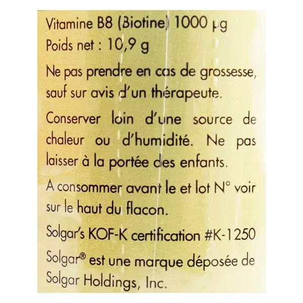 Vitamina B8 da Solgar - Biotina 1000 microgramas, 50 cápsulas vegetais