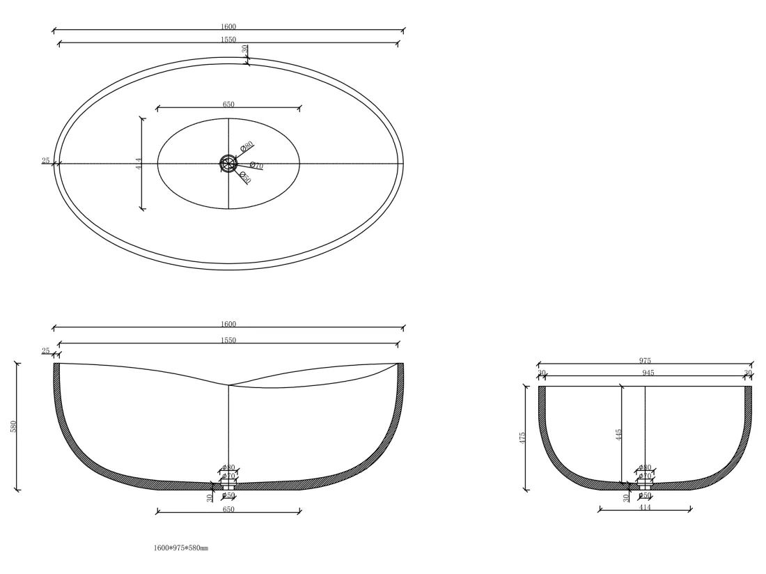 Baignoire îlot en béton - 400L - 160 x 100 x 59,4 cm - IVANOVO