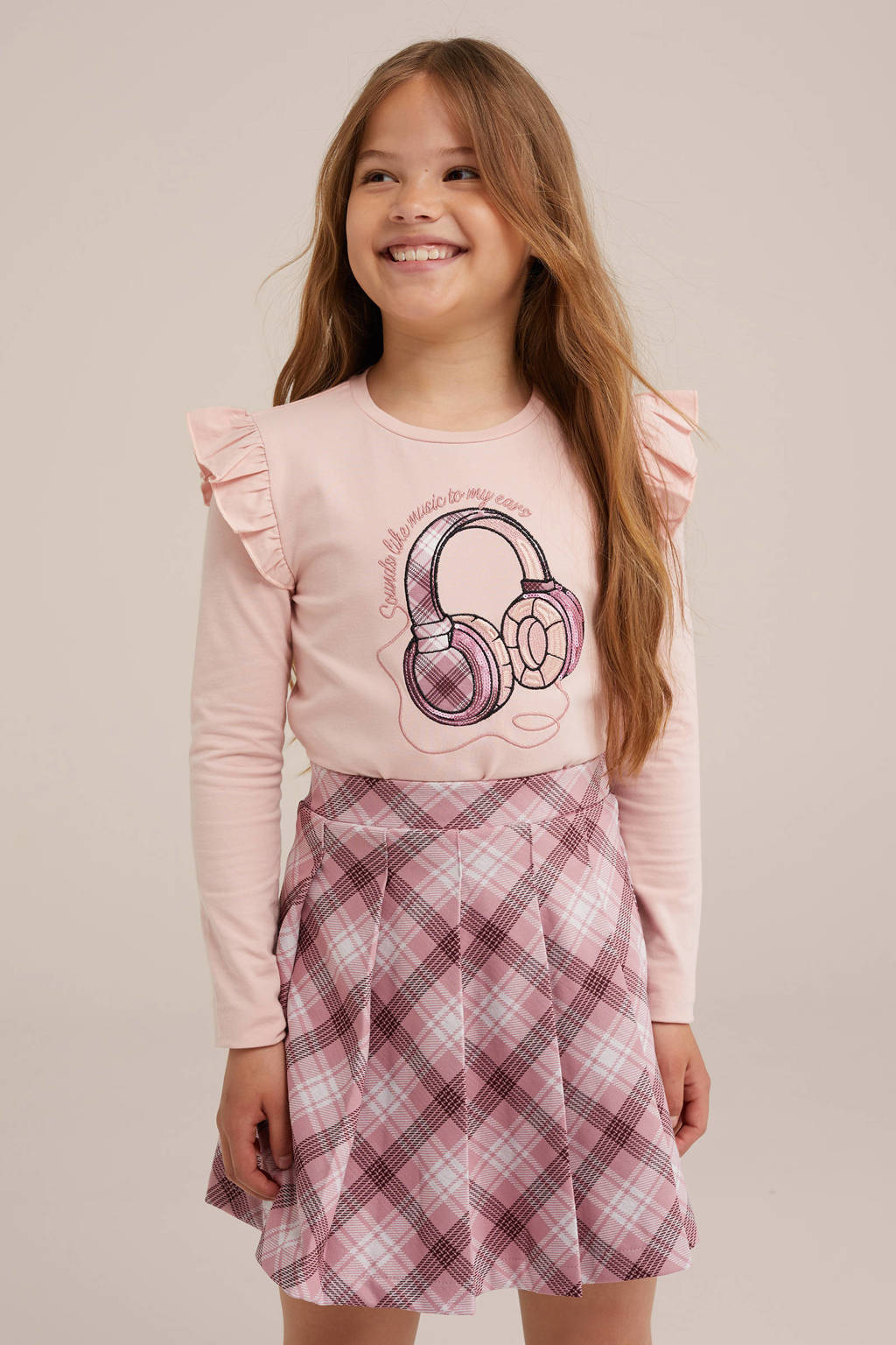 WE Fashion gestreepte longsleeve pink marshmallow