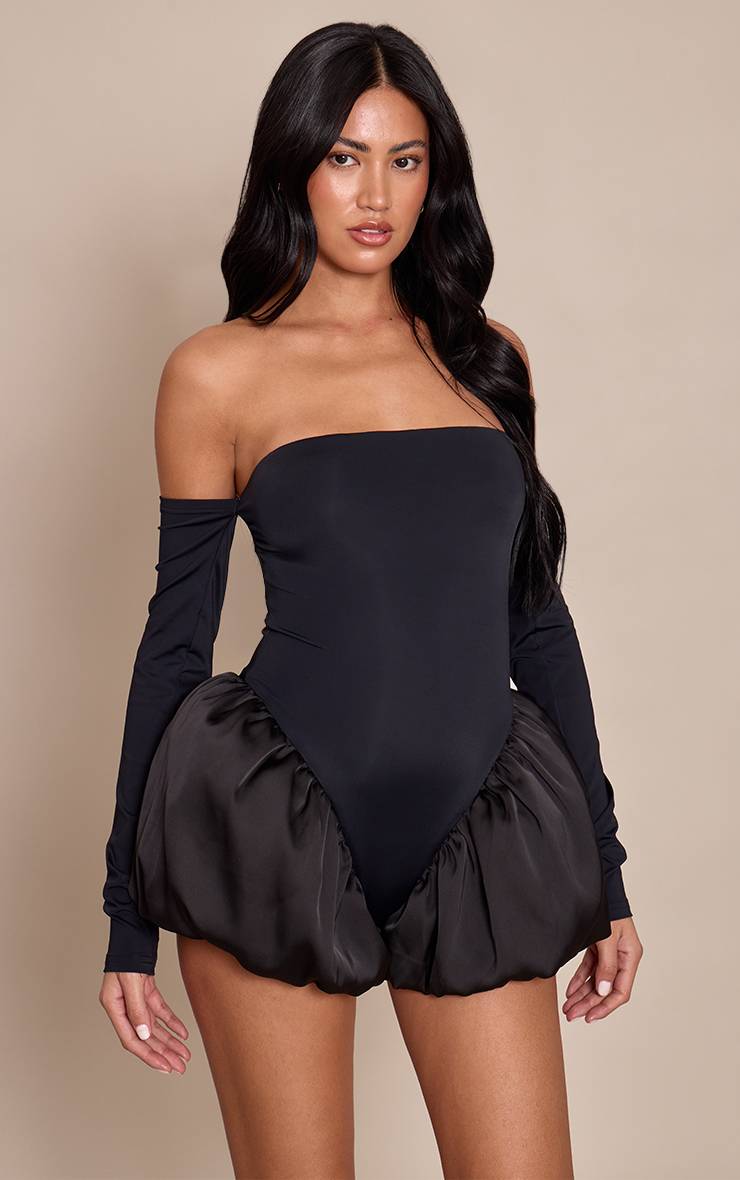 Noir Combinaison Bandeau À Manches Longues Bouffantes Avec Détail Boule