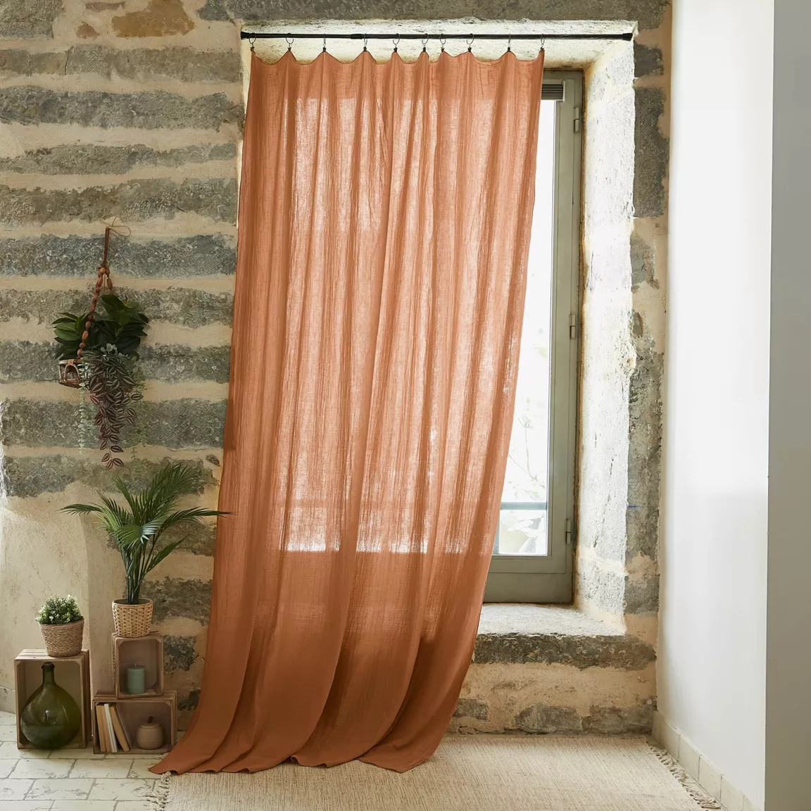 Rideau gaze de coton ajustable (180 x max 300 cm) Gaïa Abricot