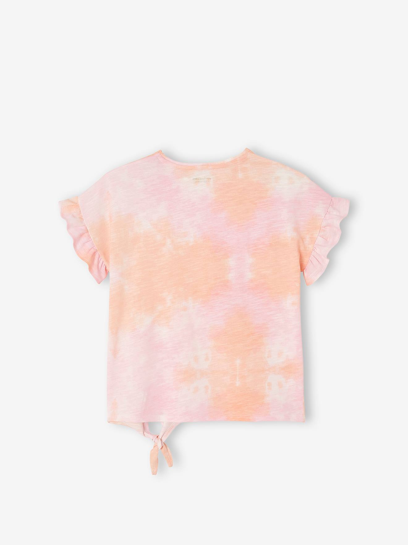 Camiseta de manga curta com efeito degradê e babados, para meninas, rosa claro bicolor/multicolorida.