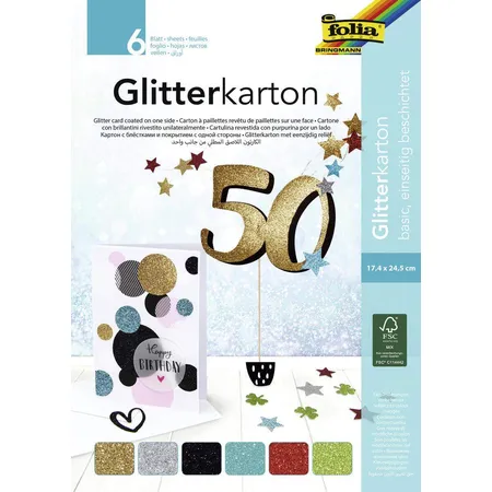 Folia Glitterkarton Block Basic, 300 g/qm, 6 Blatt, ca. 17,4 x 24,5 cm