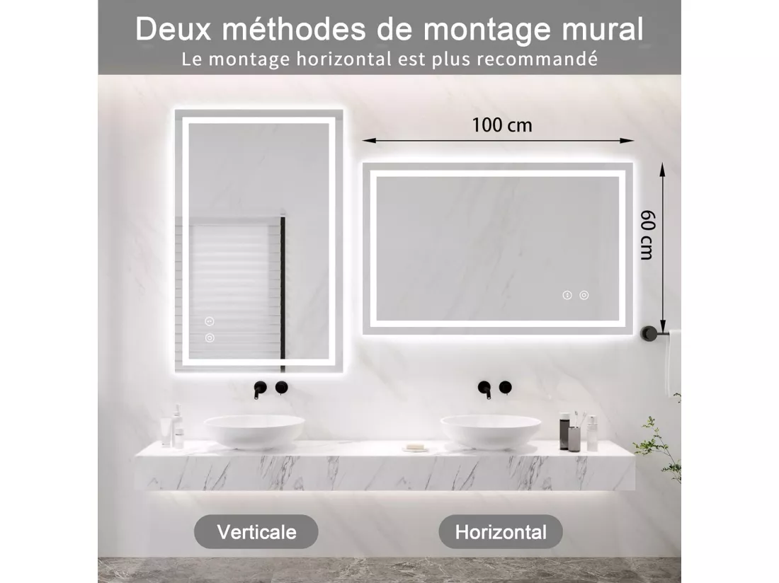 Miroir Rectangulaire Salle de Bain avec Lumière LED, Miroir 3 Couleur Changeable, Antibuée, Verticale/Horizontale - 100 x 60 cm