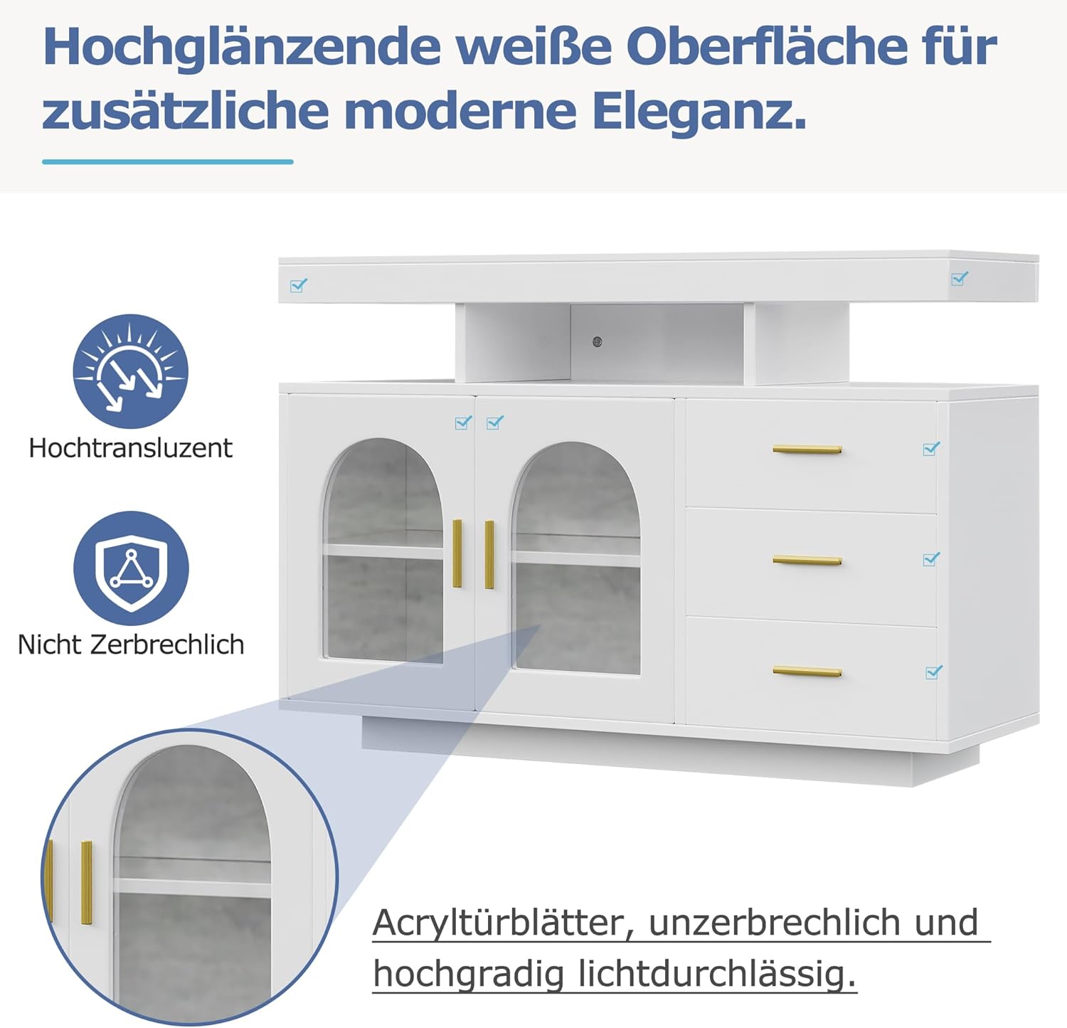 Merax Buffetschrank Sideboard mit LED-Leuchten, Kommode Schrank mit 2 Türen und 3 Schubladen, Modern Beistellschrank Mehrzweckschrank, für Wohnzimmer Esszimmer Flur, Hochglanz-Weiß, 120x40x80cm
