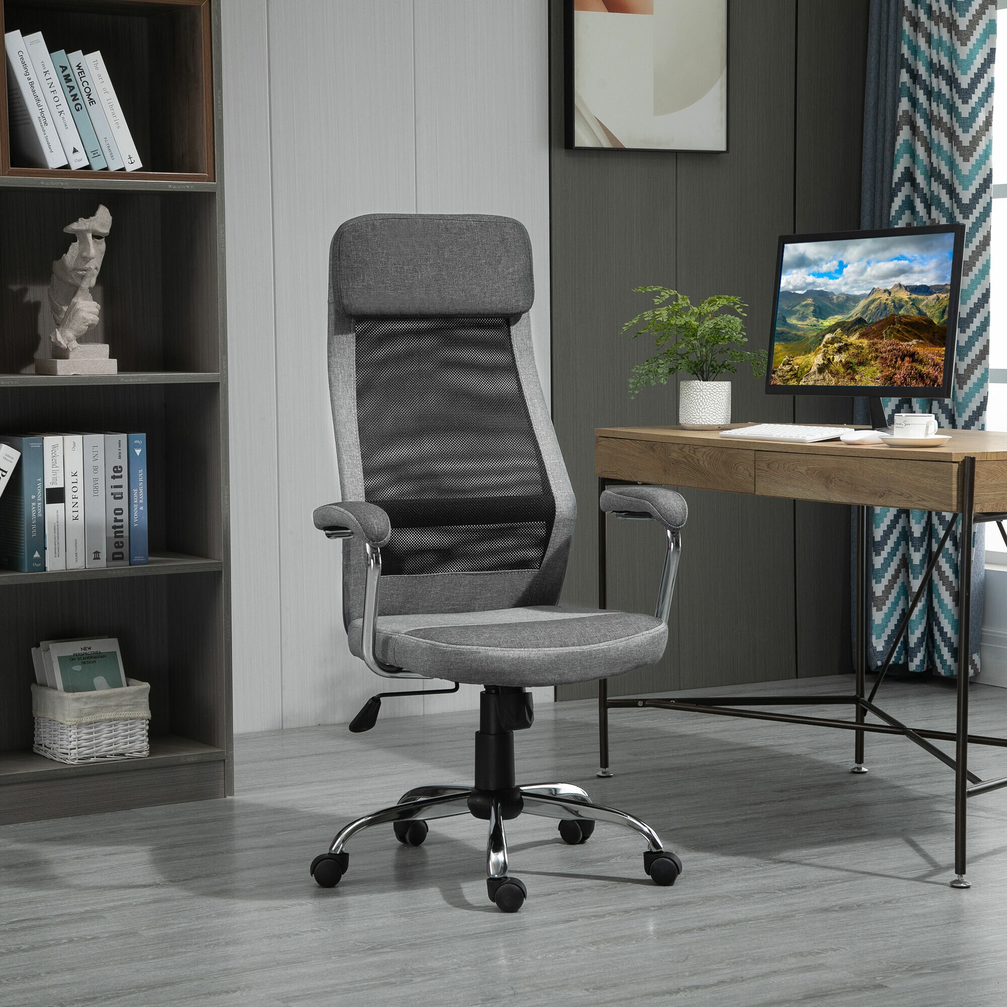 Vinsetto Bürostuhl ergonomisch und mit hoher Rückenlehne Hellgrau, Schwarz 65 x 60 x 119 - 129 cm (LxBxH)