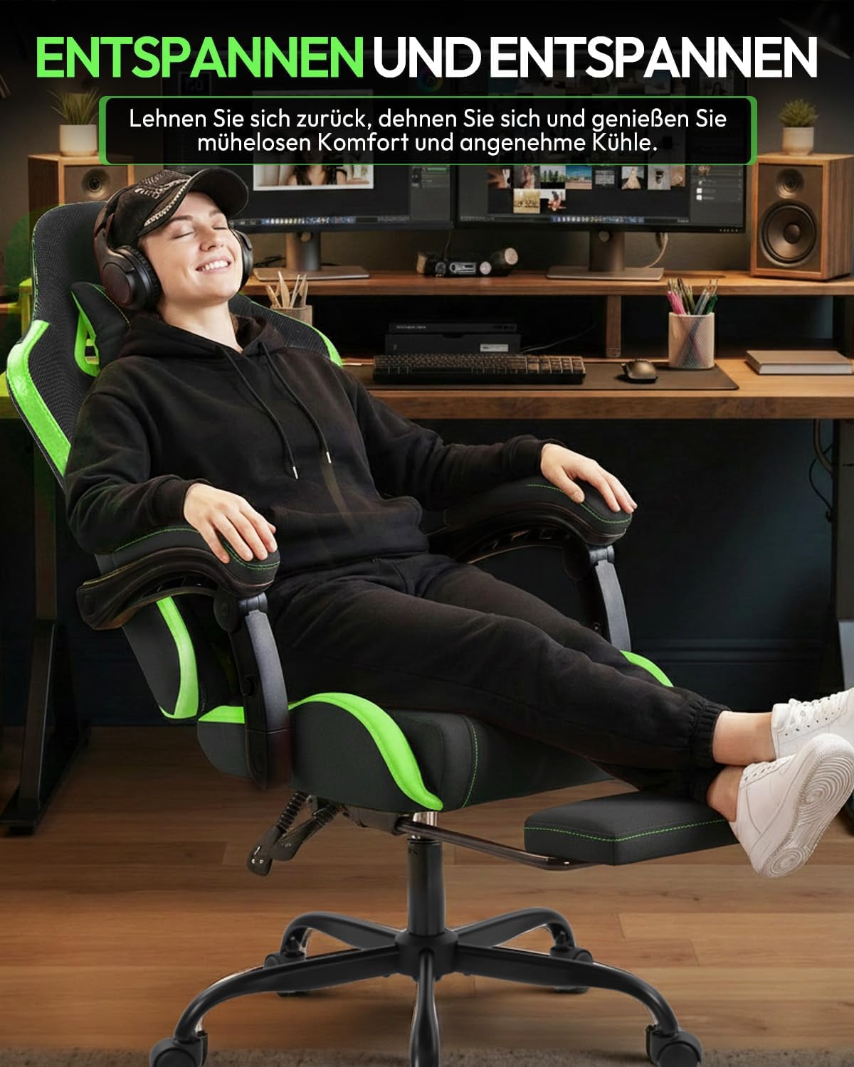 Nexthra Gaming Stuhl Bürostuhl Gaming Sessel mit höhenverstellbaren Linkage-Armlehnen, ergonomischer Gamer Stuhl mit Fußstütze, gepolstert Gaming Chair 150° neigbar bis 180 kg, Grün