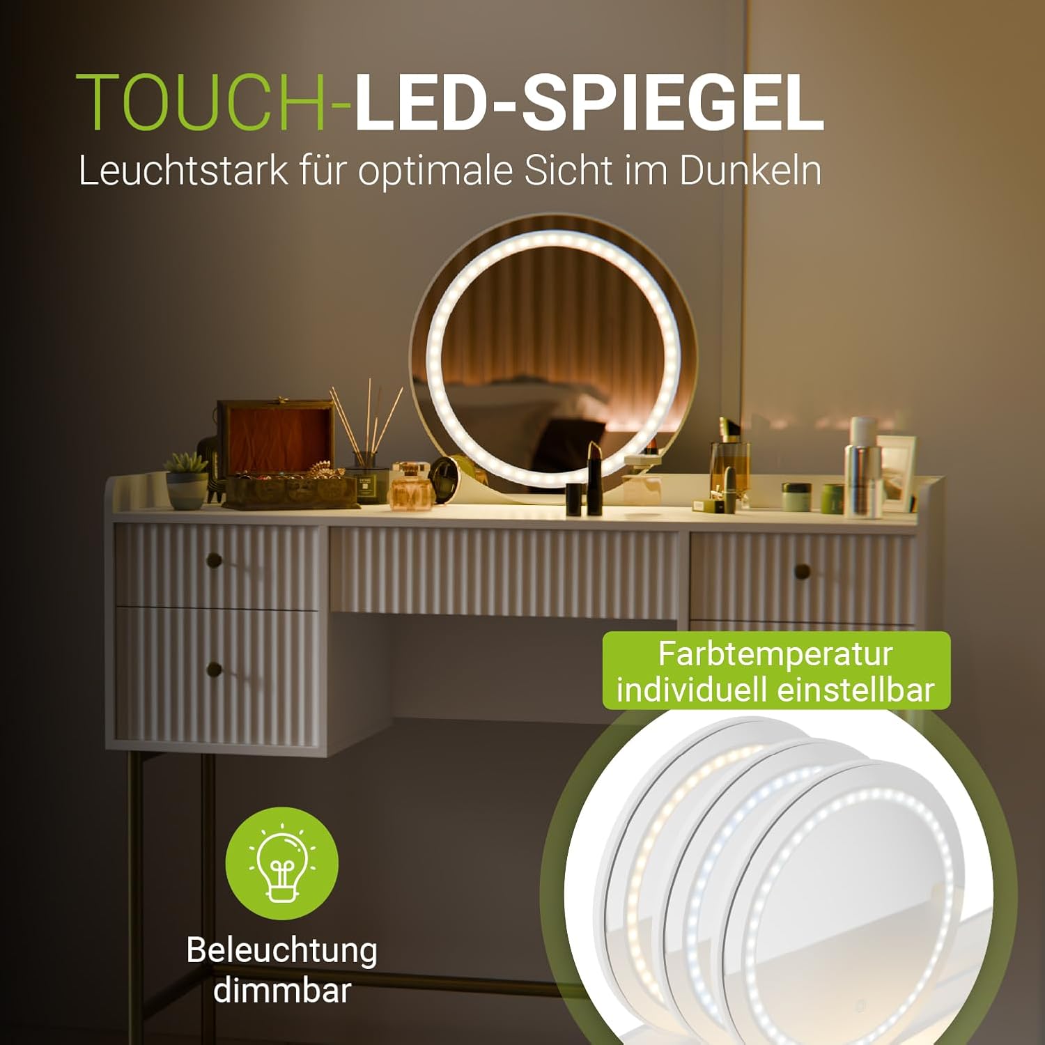 Juskys Schminktisch Samira mit Hocker Tonia & Touch-LED-Spiegel, 5 Schubladen, viel Stauraum, modernes Design, kompakt & pflegeleicht für Make-up – Weiß/Gold