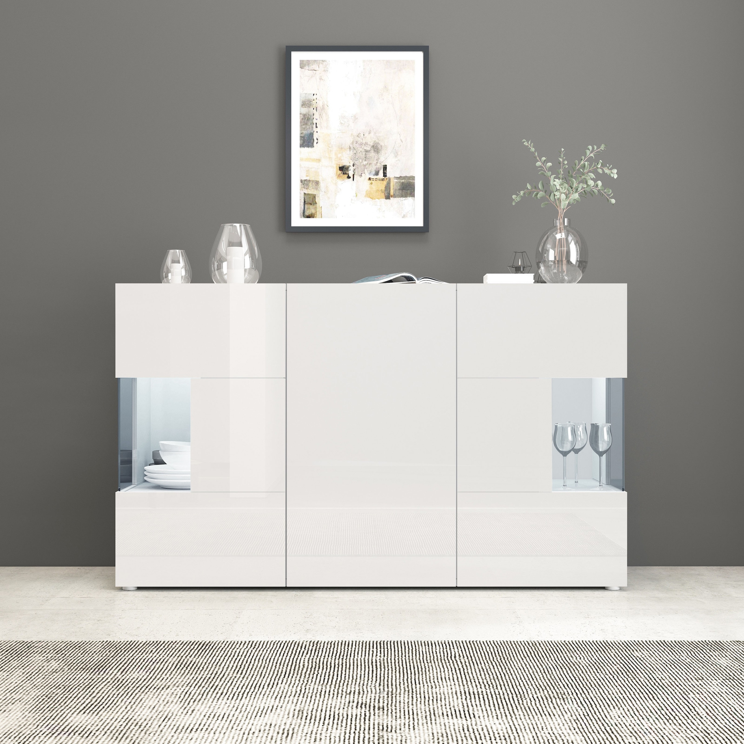 INOSIGN Sideboard »Egypt, Kommode, Schrank, Kredenz, Vitrine grifflos« 3 Türen davon 2 mit Glaseinsatz, kompl. Hochglanz lackiert Breite 135