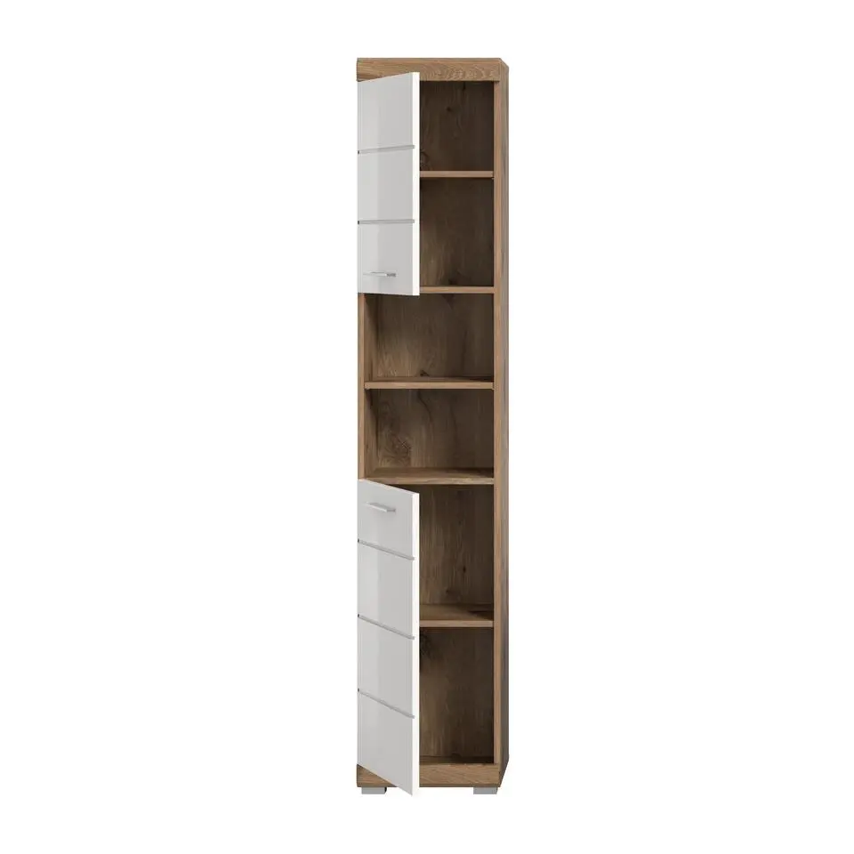 Hioshop Wave kolomkast 2 deuren- 2 planken wit hoogglans- eiken decor