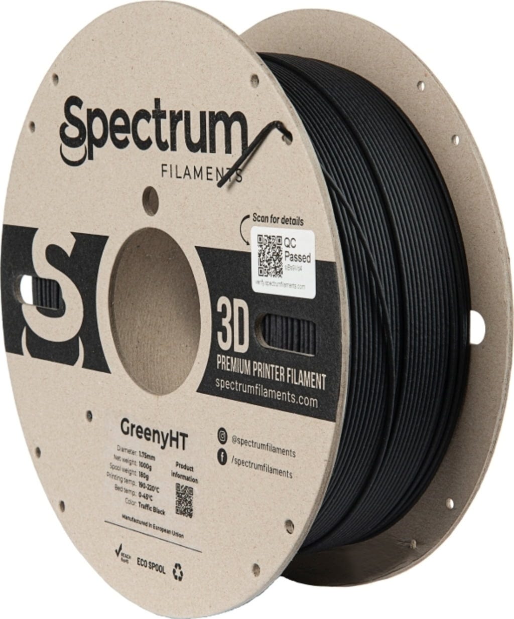 Spectrum  GreenyHT Traffic Black, 1,75 mm / 1000 g    Filament mit sehr guten thermischen & mechanischen Eigenschaften