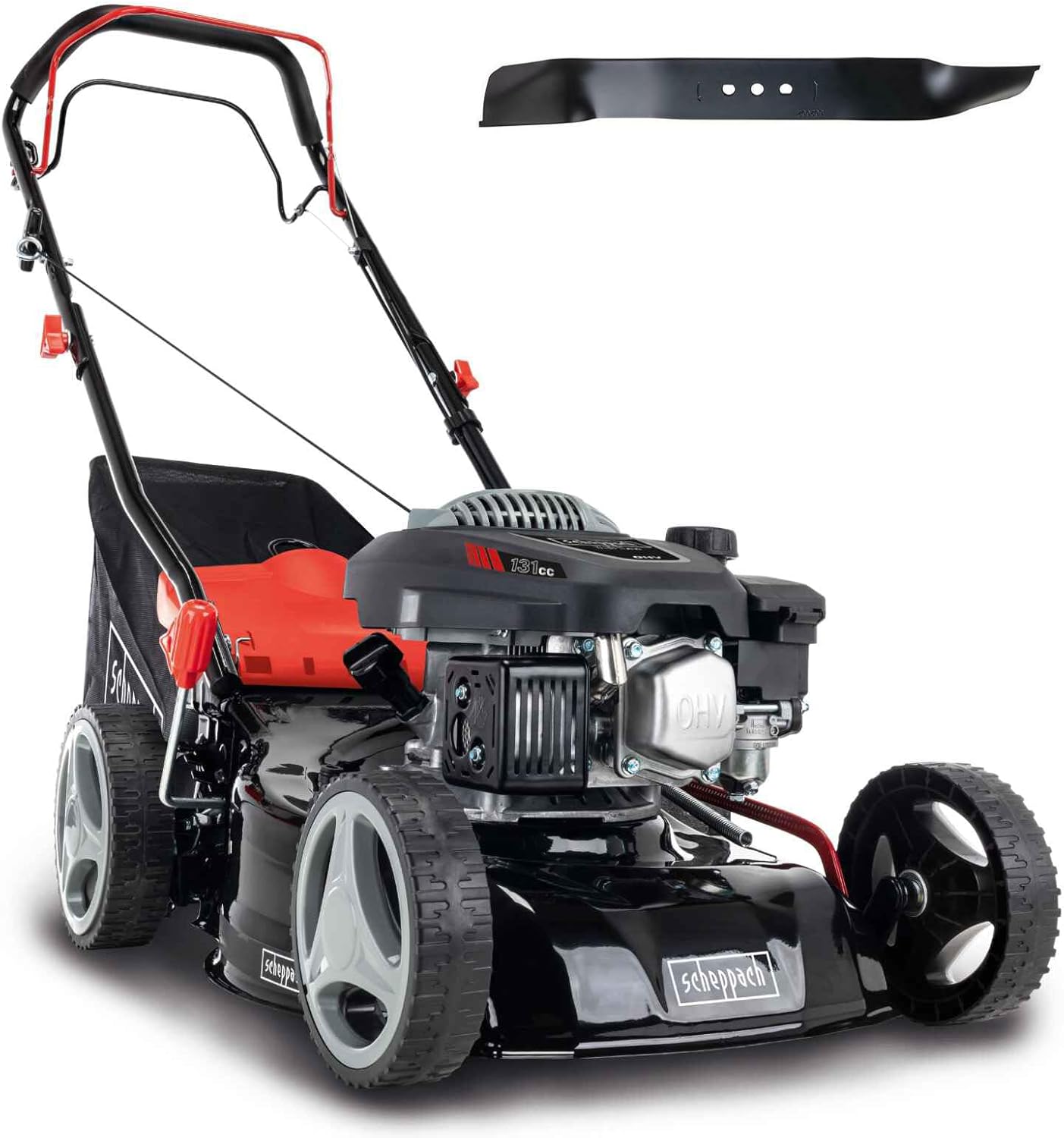 Scheppach Tondeuse à Gazon Thermique MS132-42 |3,4 CV | Largeur de Coupe 42cm | Robuste | Fonction Mulching | Panier de 45L | Réglage de la Hauteur en 7 étapes (25-75mm)