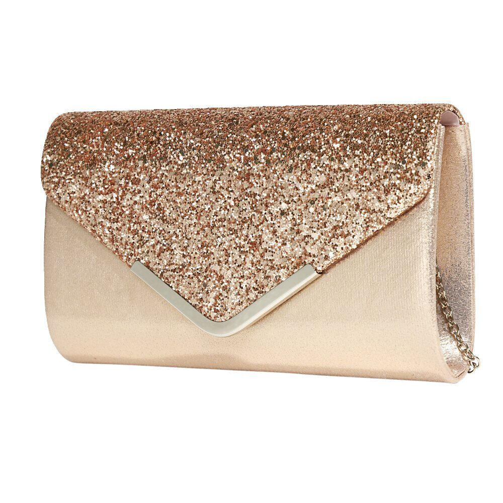Sac pochette de soirée satiné et pailleté 24x5,6xH14cm - 2 modèles noir ou doré