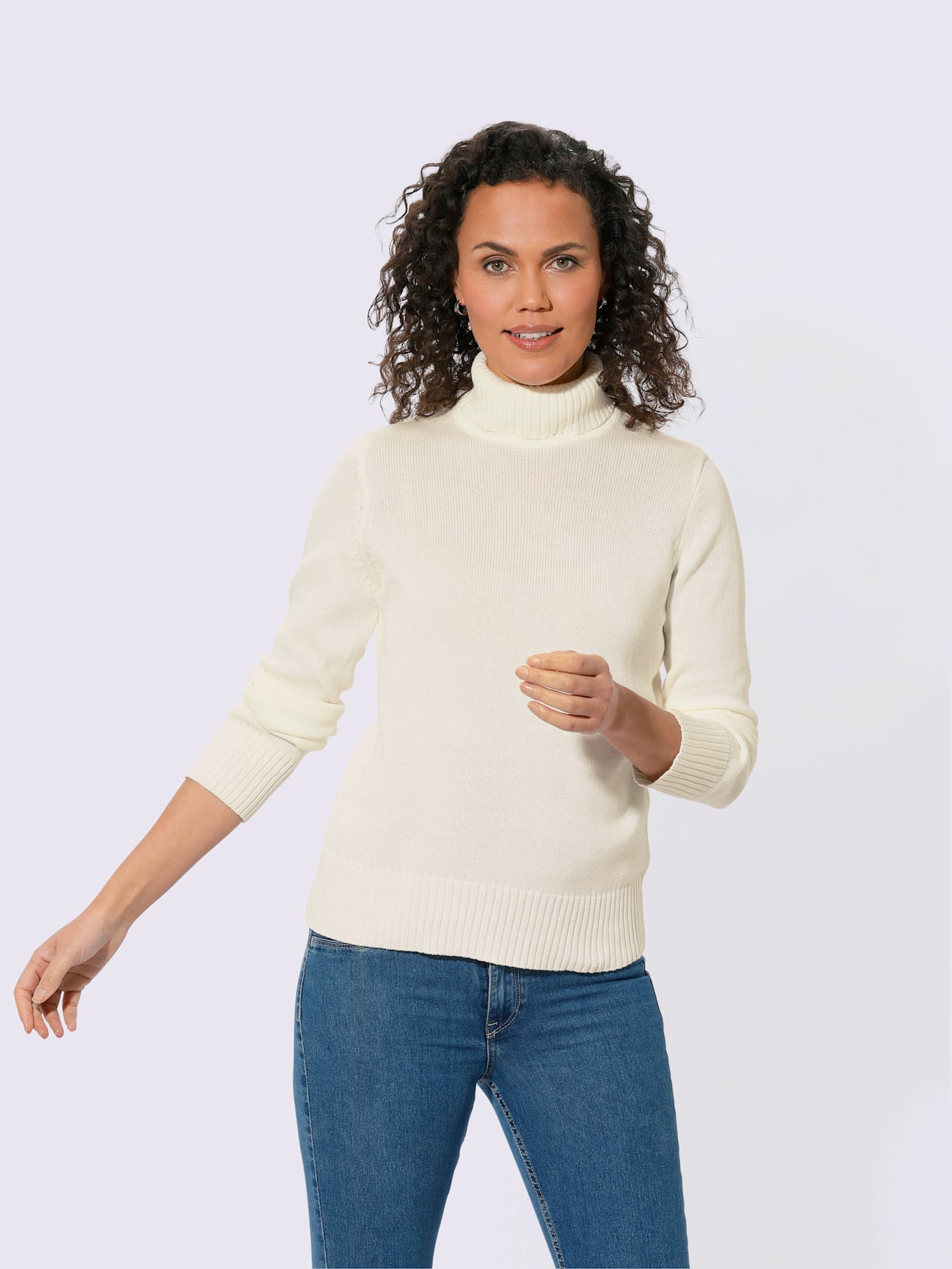 Pull femme col roulé manches ourlet avec finitions côtelées