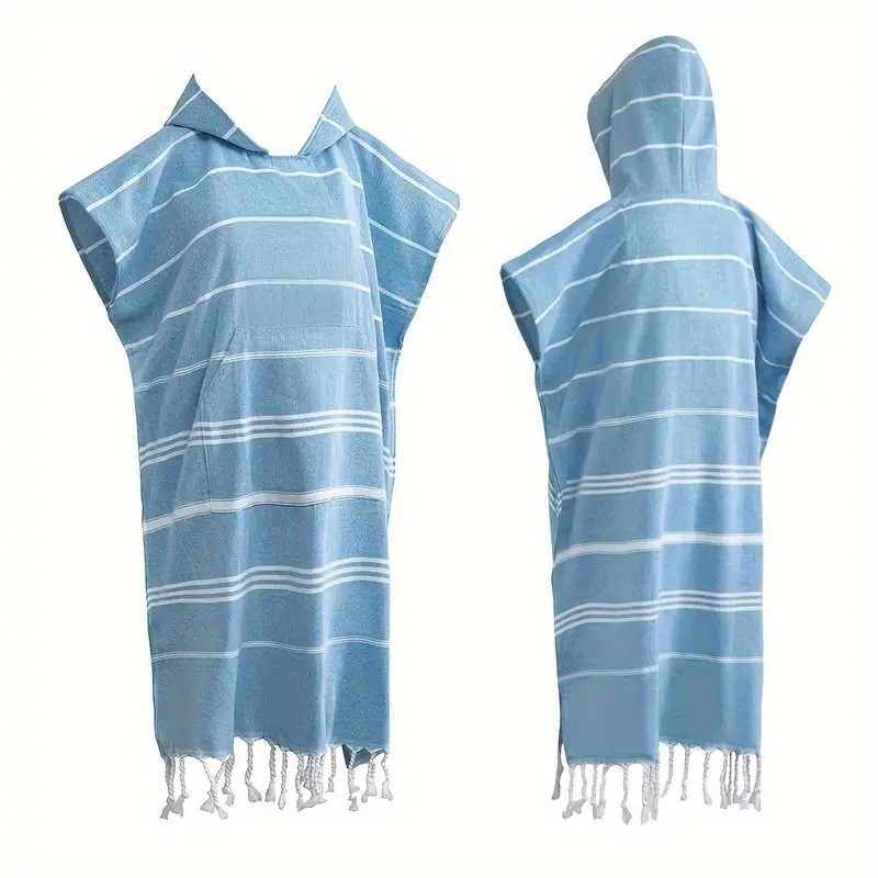 (100x75cm) Baumwoll Bademantel Beach Tuch Pestemal Poncho Umziehhilfe - Blau