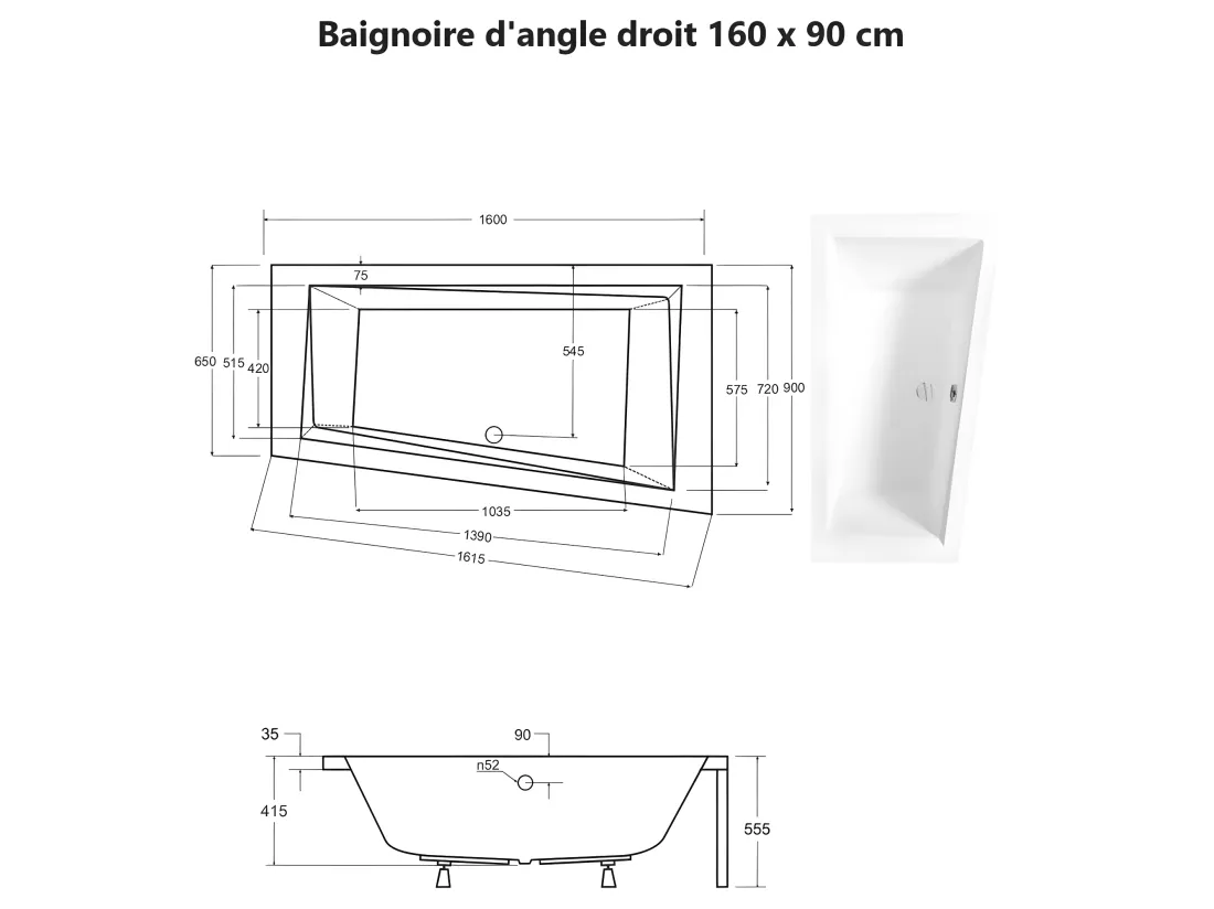 Baignoire asymétrique + tablier noir + repose tête - INTIMA - 160 x 90 cm - Droite