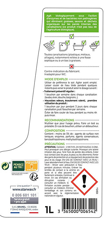 Entretien biologique canalisation Starwax 1L