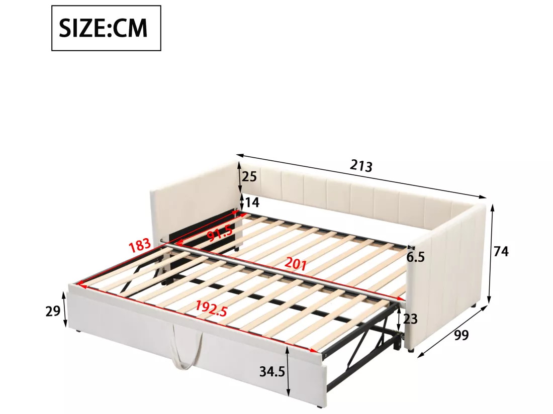 Lit gigogne rembourré 90/180x200cm lit canapé en tissu velours avec sommier à lattes - Beige