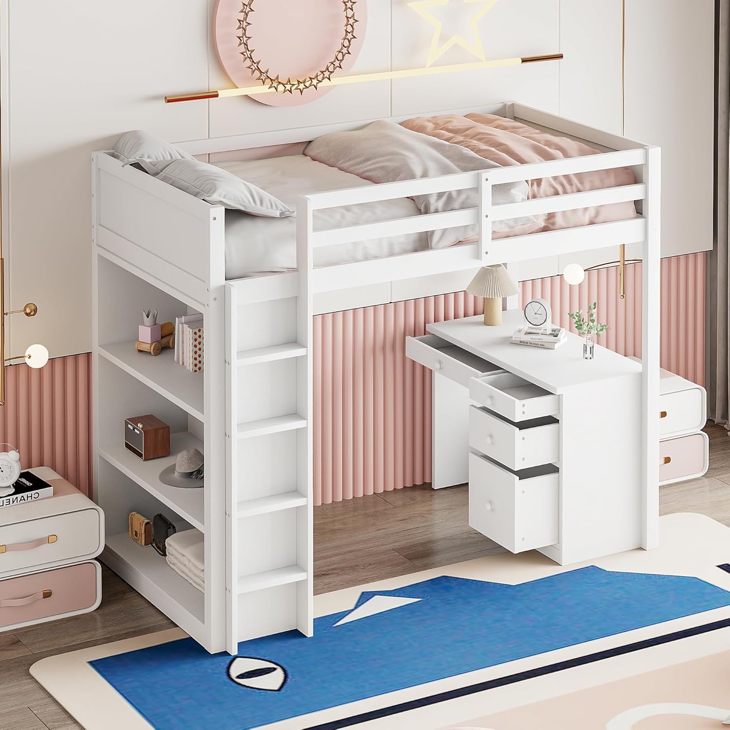 Kinderbett 90x200 cm, Hochbett mit Schreibtisch und Schrank, Tisch mit 4 Stauschublade, Etagenbett, Bettgestell mit Lattenrost, Weiß, ohne Matratze
