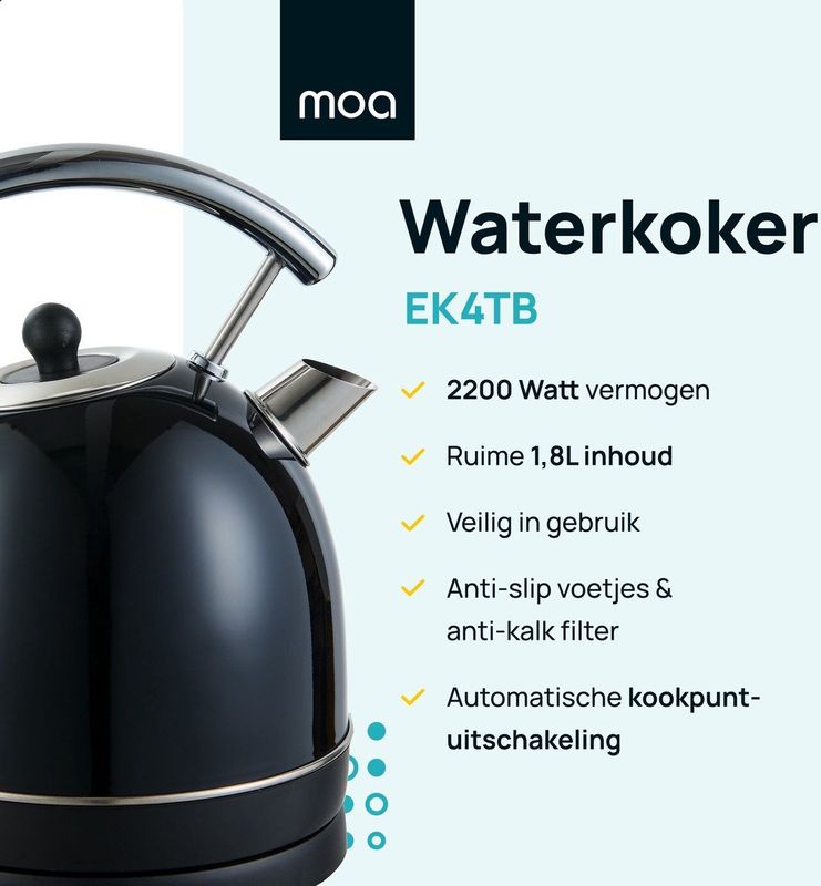 MOA Waterkoker Retro - 1,8L - Retro - 2200W - RVS - Zwart