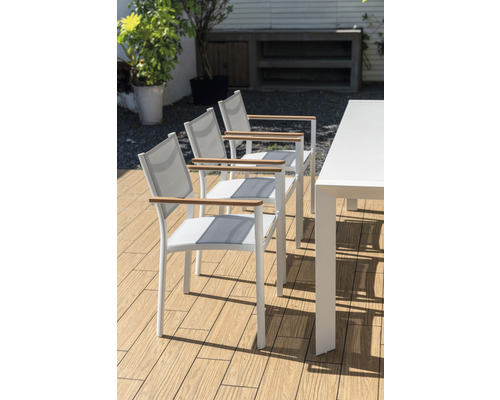 Garden Place Lynn 6-persoons eetkamerset bestaande uit: 6 stoelen, tafel, aluminium, WPC, textiel, hout, wit