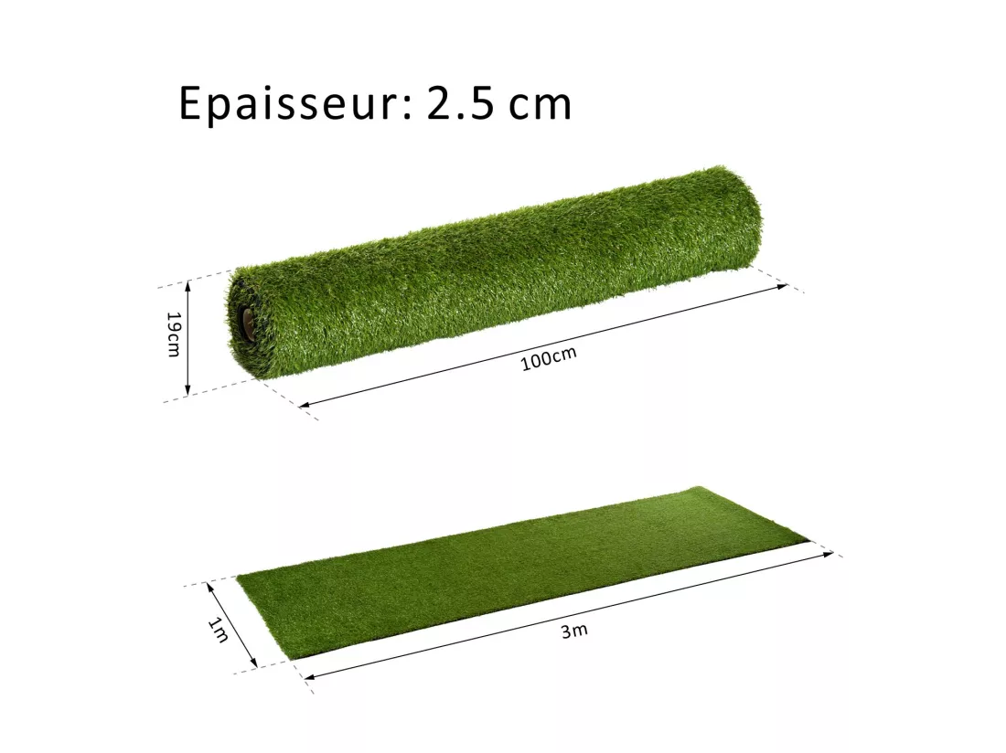 Gazon synthétique artificiel moquette extérieure intérieure 3L x 1l m herbes hautes denses 2,5 cm vert