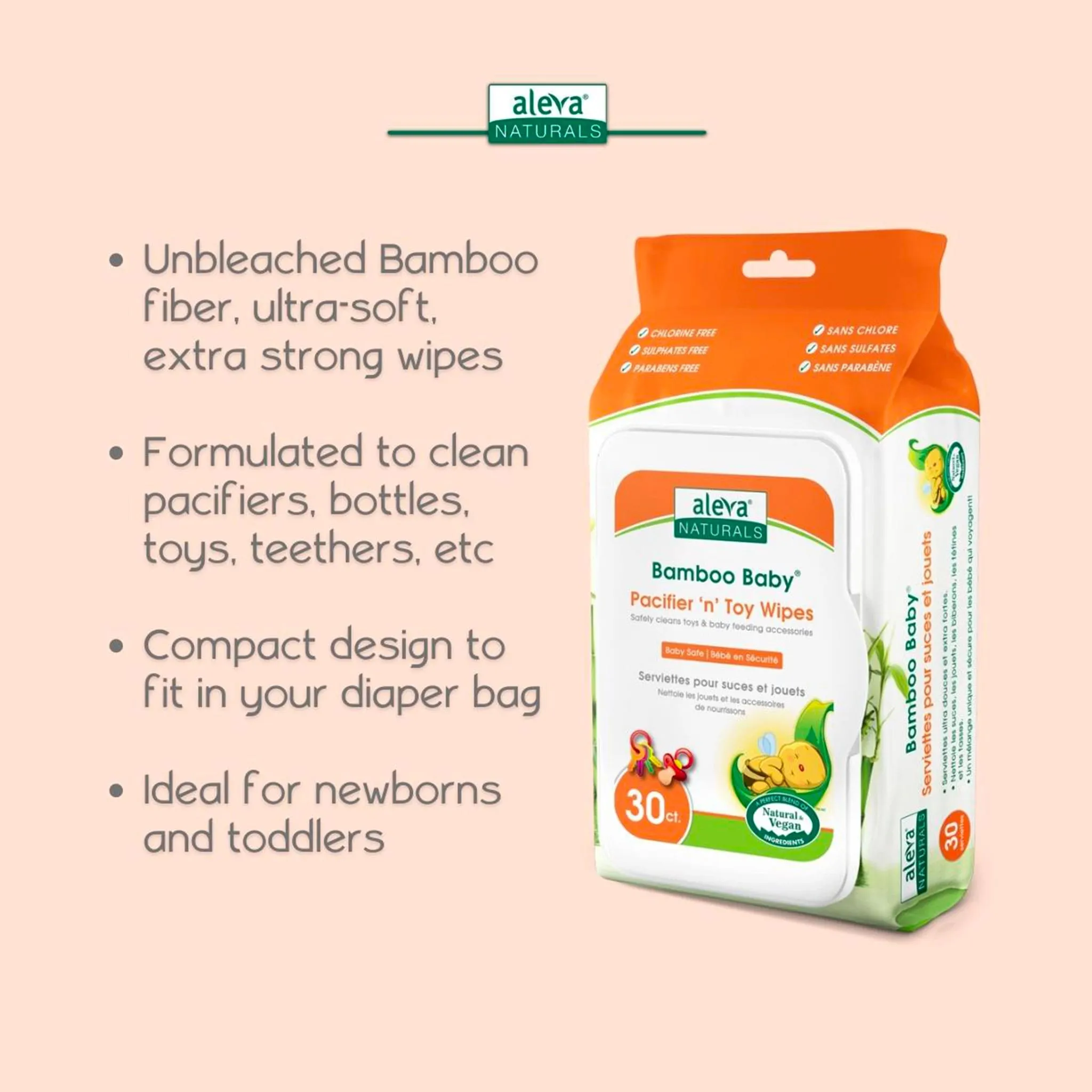 Aleva Naturals Serviettes Lingettes Paquet de 30 Bambou Pour Suces et Jouets