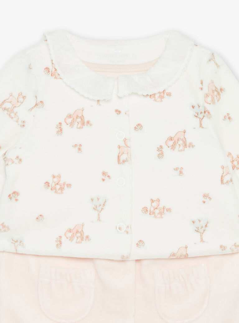 Grenouillère rose pâle et gilet écru en velours en coton biologique et polyester recyclé