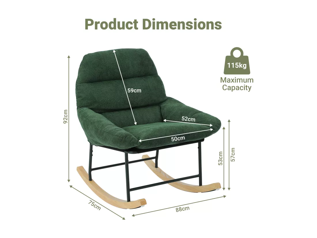 Fauteuil à bascule avec Coussin et pieds en bois massif, en tissu chenille vert, Allaitement, Profondeur d'assise 52cm, pour Chambre Salon