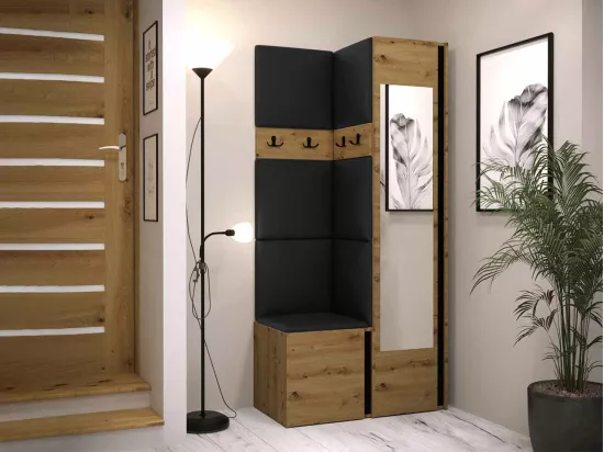 Meuble d'entrée Hartford 354, 186x82x44cm, Miroir, Chêne Artisan|Noir